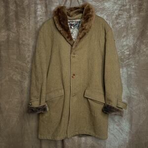 Vintage 60s Towncraft Penneys Car Coat Brown Fuzzy Collar Velour Cuffs Men's 40